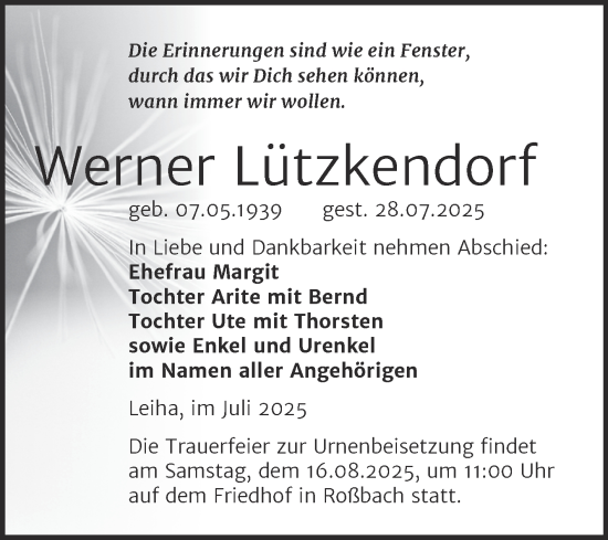 Traueranzeige von Werner Lützkendorf von Trauerkombi Merseburg