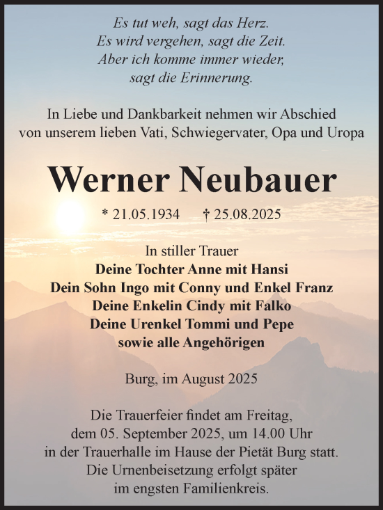Traueranzeige von Werner Neubauer von Volksstimme Burg/Genthin