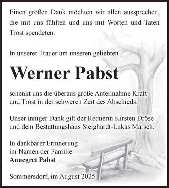 Traueranzeige von Werner Pabst von Volksstimme Oschersleben/Wanzleben