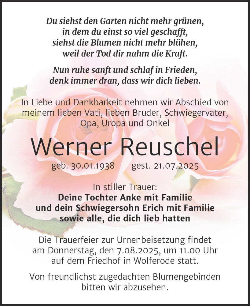  Traueranzeige für Werner Reuschel vom 02.08.2025 aus Trauerkombi Mansfelder Land