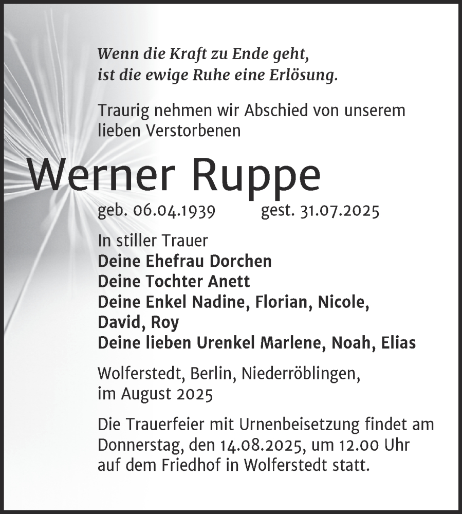  Traueranzeige für Werner Ruppe vom 09.08.2025 aus Trauerkombi Sangerhausen
