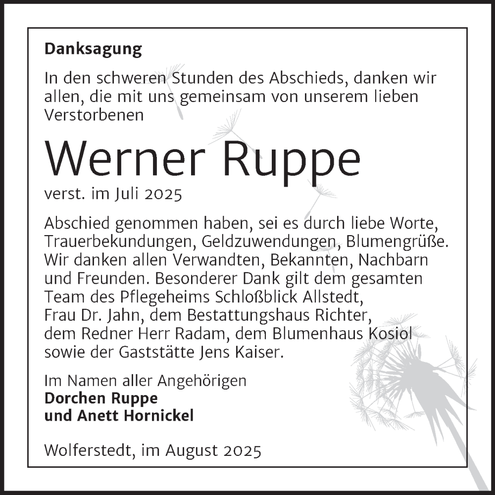  Traueranzeige für Werner Ruppe vom 30.08.2025 aus Trauerkombi Sangerhausen