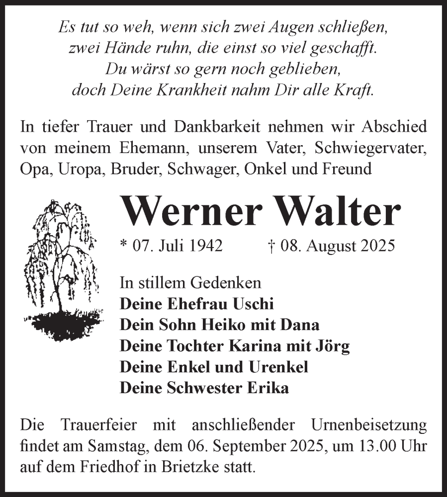  Traueranzeige für Werner Walter vom 23.08.2025 aus Volksstimme Zerbst
