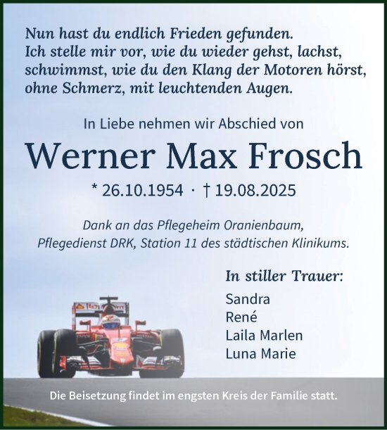 Traueranzeige von Werner Max Frosch von Trauerkombi Wittenberg