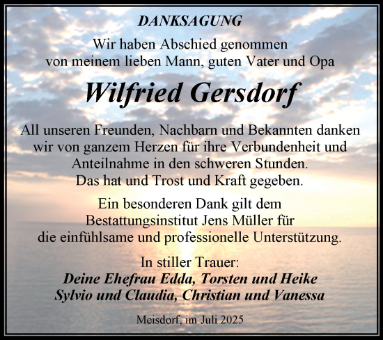 Traueranzeige von Wilfried Gersdorf von Trauerkombi Quedlinburg