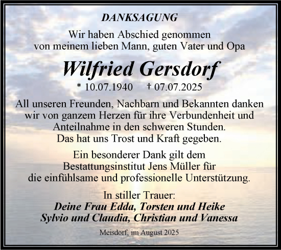 Traueranzeige von Wilfried Gersdorf von Trauerkombi Quedlinburg