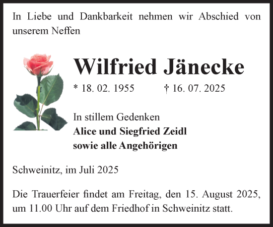 Traueranzeige von Wilfried Jänecke von Volksstimme Zerbst