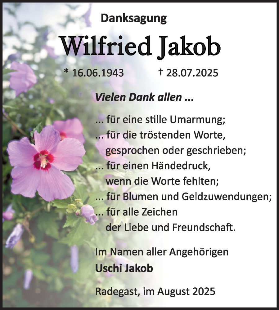  Traueranzeige für Wilfried Jakob vom 23.08.2025 aus Trauerkombi Köthen