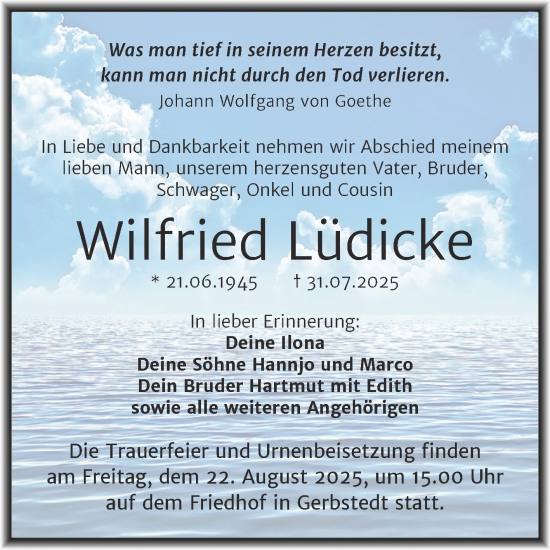 Traueranzeige von Wilfried Lüdicke von Trauerkombi Mansfelder Land
