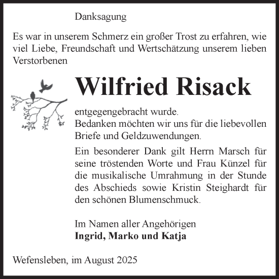 Traueranzeige von Wilfried  Risack von Volksstimme Oschersleben/Wanzleben
