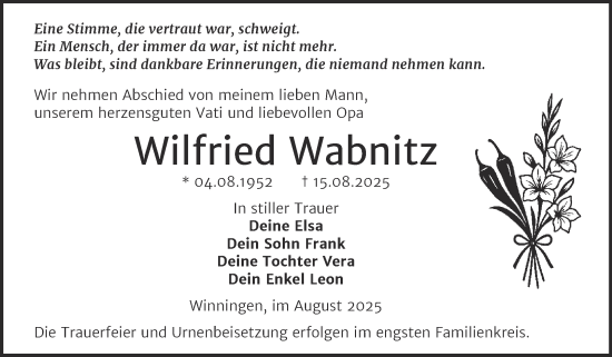 Traueranzeige von Wilfried Wabnitz von Trauerkombi Aschersleben