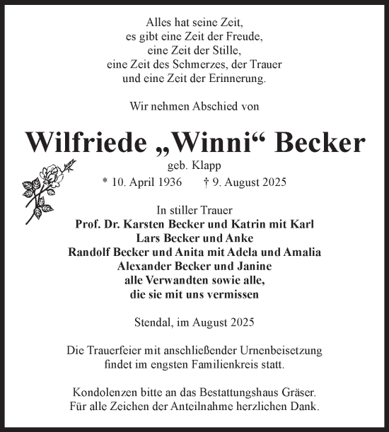 Traueranzeige von Wilfriede Becker von Volksstimme Altmark Ost