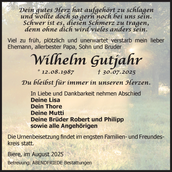 Traueranzeige von Wilhelm Gutjahr von Volksstimme Schönebeck