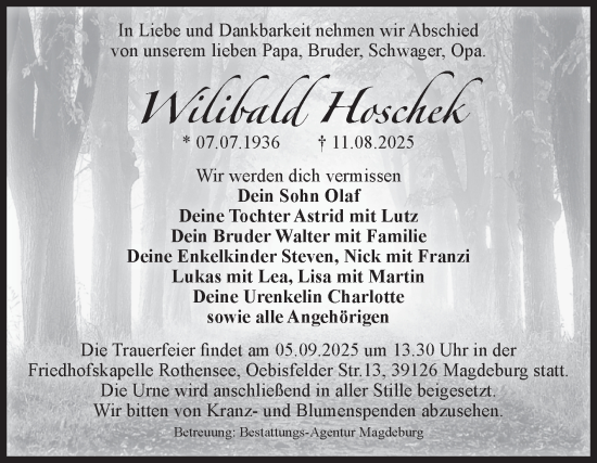 Traueranzeige von Wilibald Hoschek von Volksstimme Magdeburg