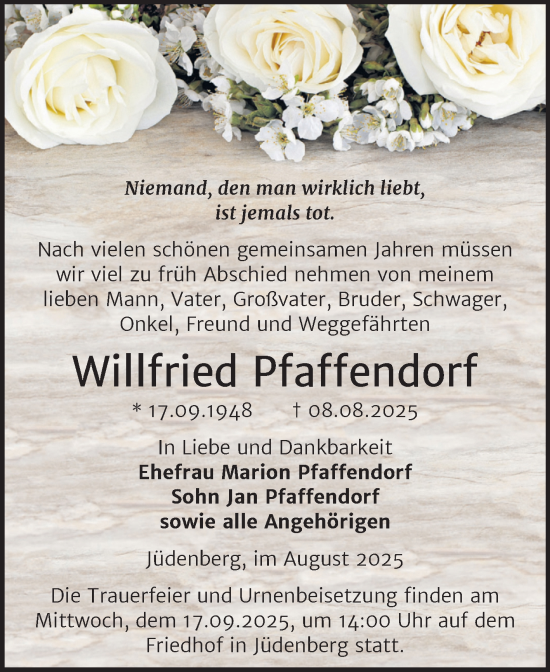 Traueranzeige von Willfried Pfaffendorf von Mitteldeutsche Zeitung Dessau-Roßlau