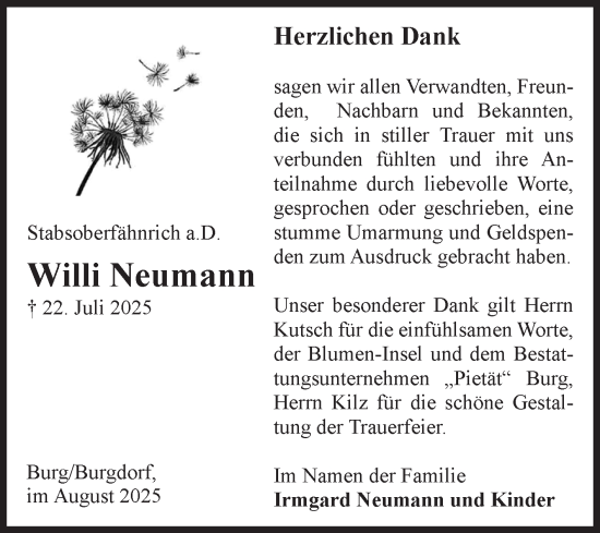 Traueranzeige von Willi Neumann von Volksstimme Burg/Genthin