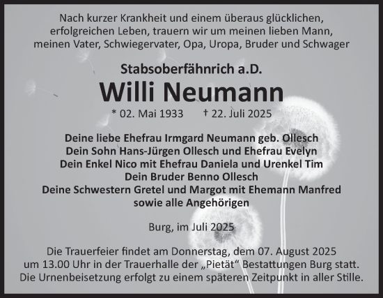 Traueranzeige von Willi Neumann von Volksstimme Burg/Genthin
