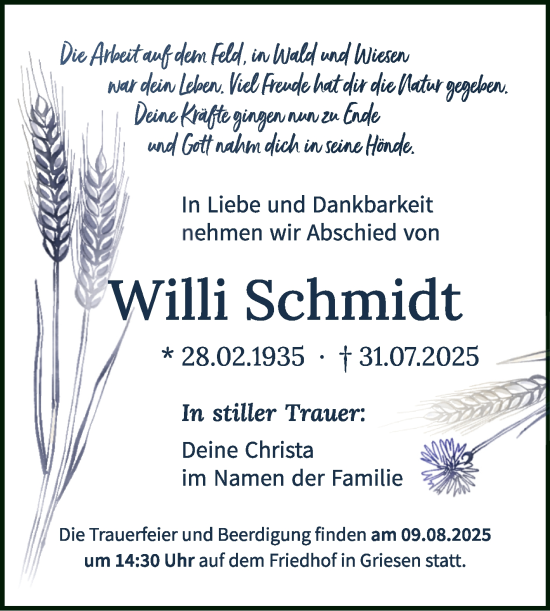 Traueranzeige von Willi Schmidt von Trauerkombi Wittenberg