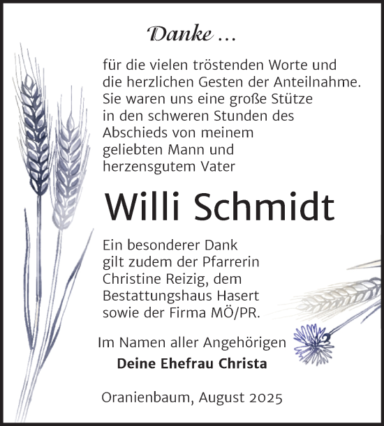 Traueranzeige von Willi Schmidt von Trauerkombi Wittenberg