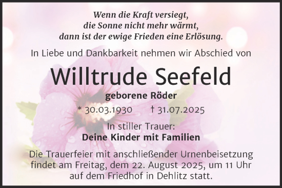 Traueranzeige von Willtrude Seefeld von Trauerkombi Weißenfels