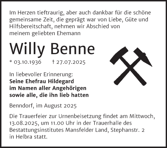 Traueranzeige von Willy Benne von Trauerkombi Mansfelder Land