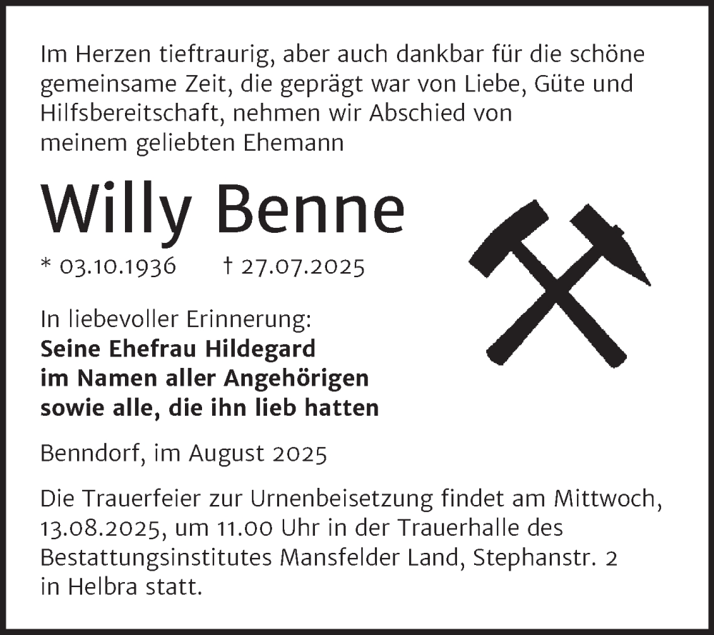  Traueranzeige für Willy Benne vom 09.08.2025 aus Trauerkombi Mansfelder Land