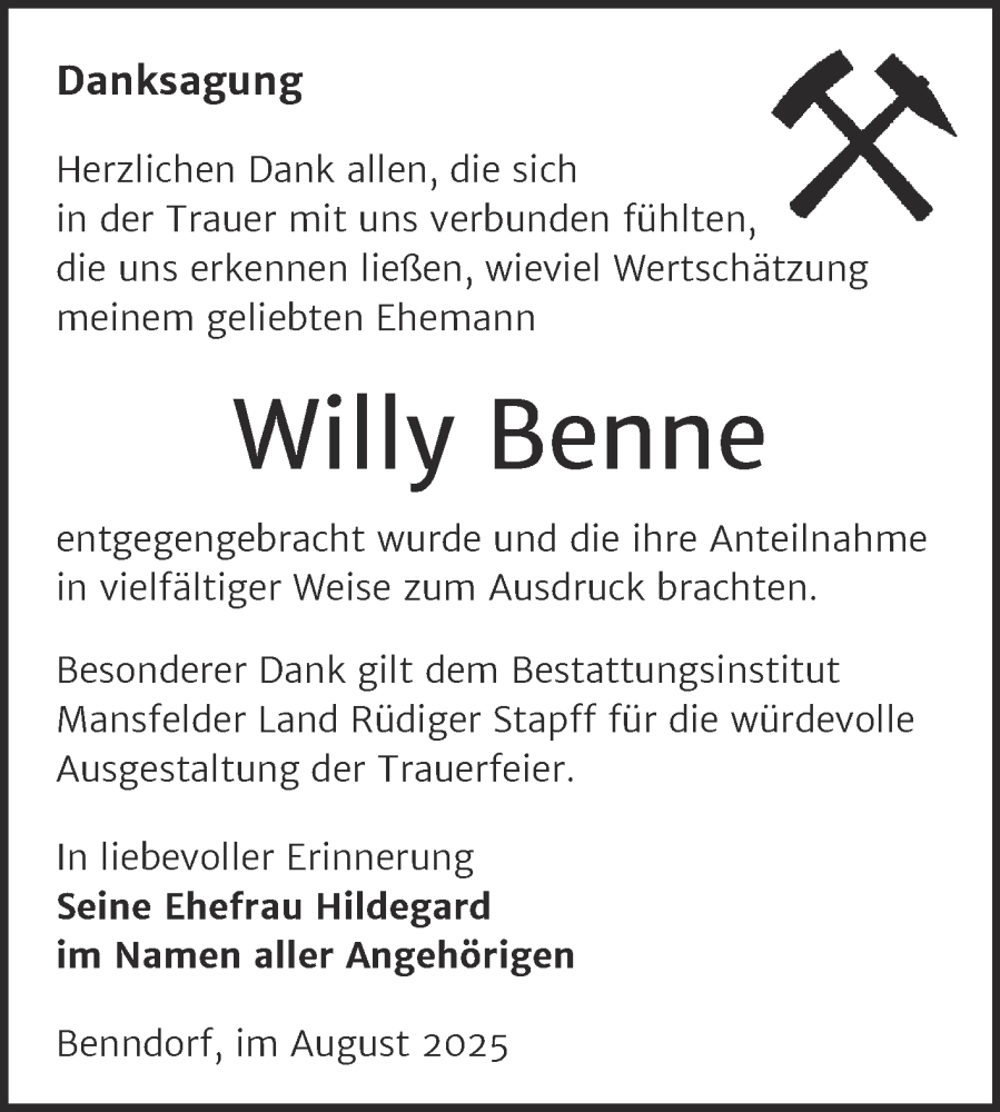  Traueranzeige für Willy Benne vom 23.08.2025 aus Trauerkombi Mansfelder Land