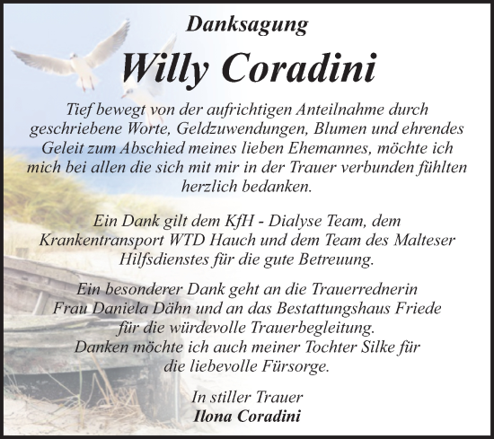 Traueranzeige von Willy Coradini von Trauerkombi Dessau