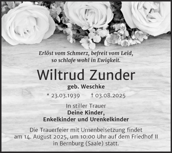 Traueranzeige von Wiltrud Zunder von Trauerkombi Bernburg