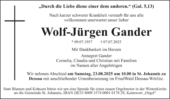 Traueranzeige von Wolf-Jürgen Gander von Trauerkombi Dessau