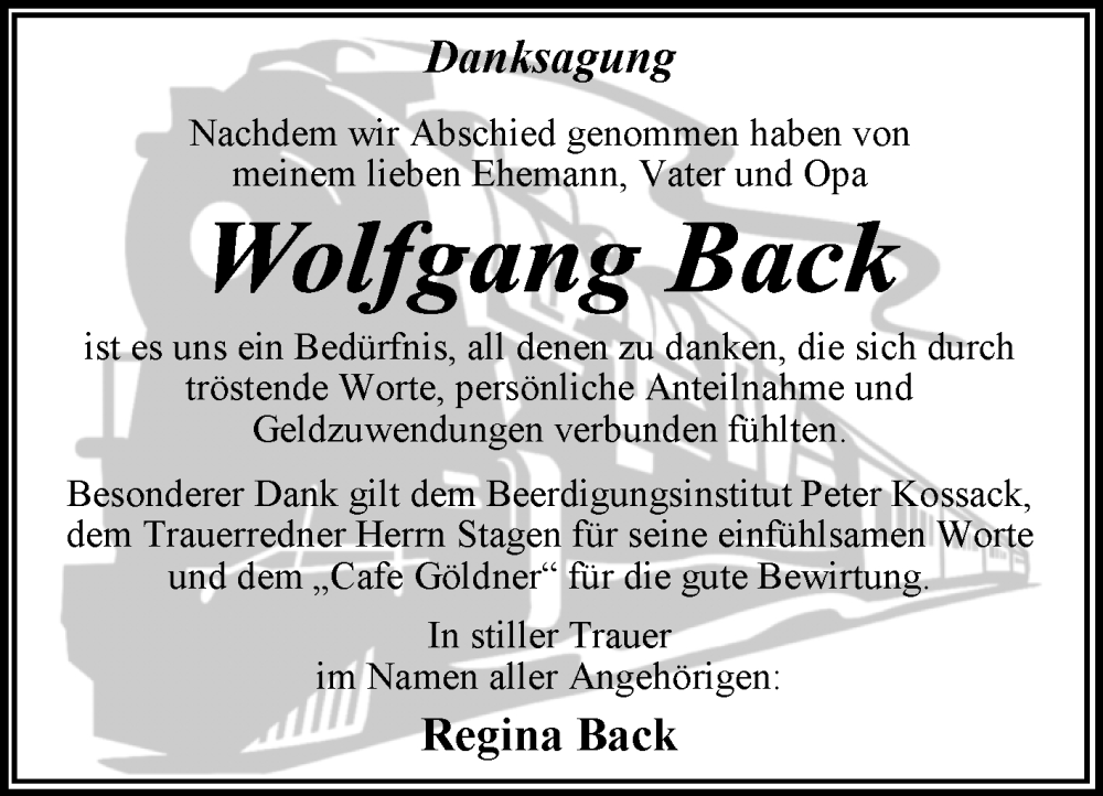  Traueranzeige für Wolfgang Back vom 09.08.2025 aus Trauerkombi Dessau