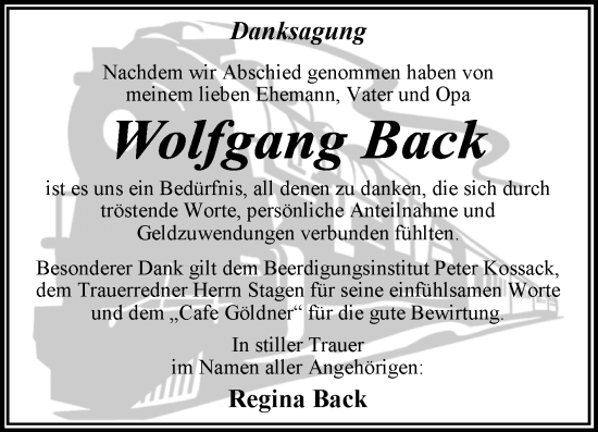 Traueranzeige von Wolfgang Back von Trauerkombi Dessau
