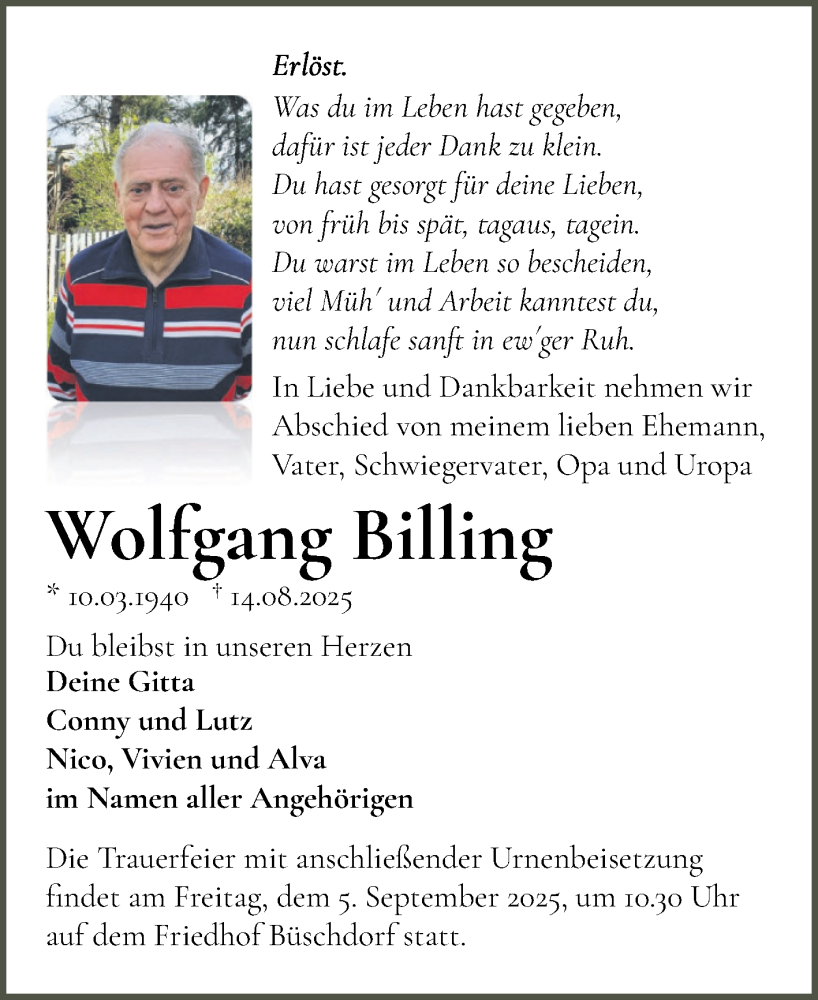  Traueranzeige für Wolfgang Billing vom 23.08.2025 aus Mitteldeutsche Zeitung Halle/Saalkreis
