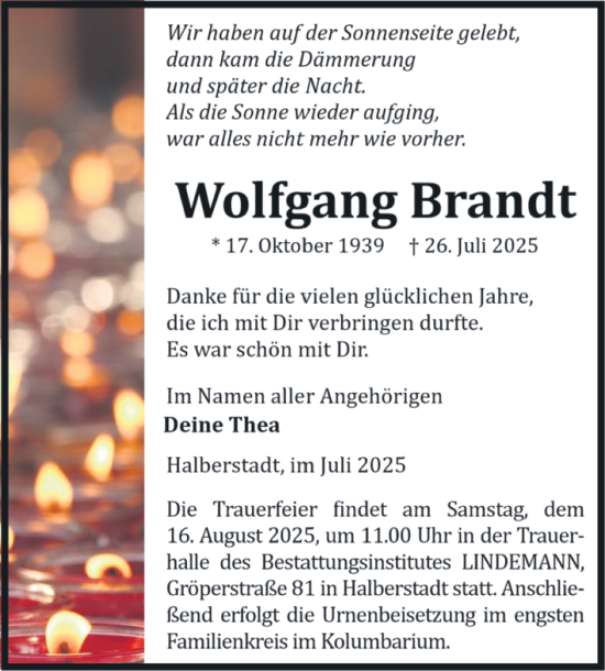 Traueranzeige von Wolfgang Brandt von Volksstimme Halberstadt