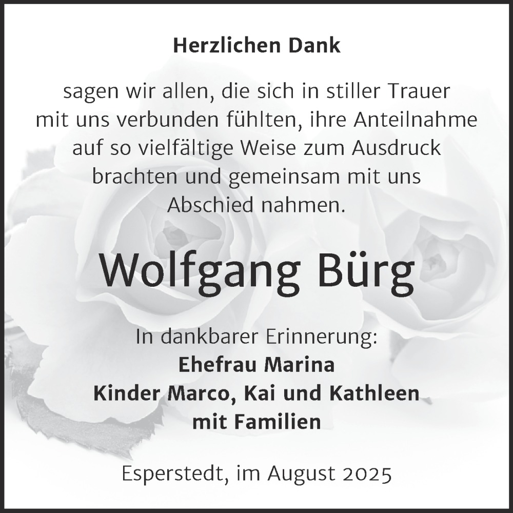  Traueranzeige für Wolfgang Bürg vom 22.08.2025 aus Trauerkombi Merseburg