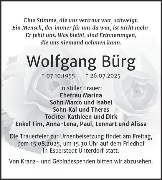 Traueranzeige von Wolfgang Bürg von Trauerkombi Merseburg