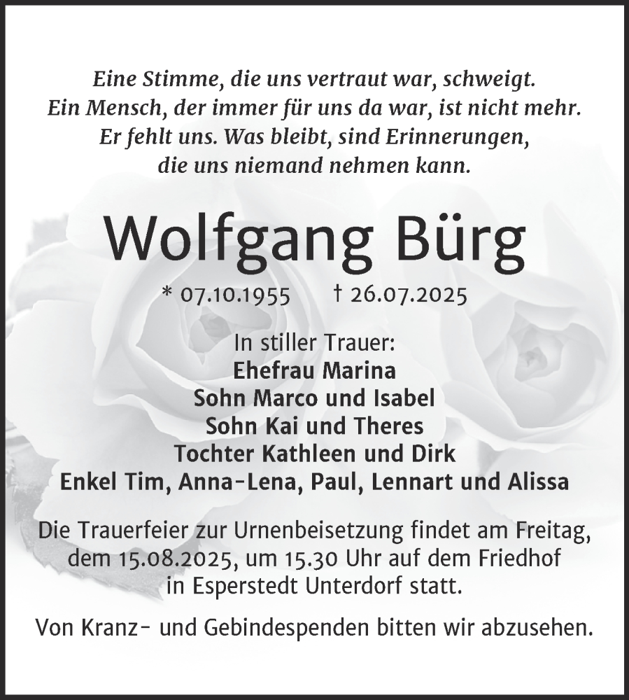  Traueranzeige für Wolfgang Bürg vom 08.08.2025 aus Trauerkombi Merseburg