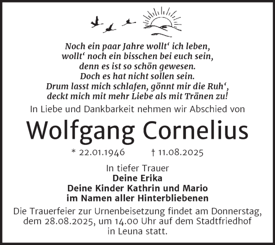 Traueranzeige von Wolfgang Cornelius von Trauerkombi Merseburg