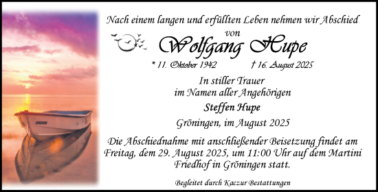 Traueranzeige von Wolfgang Cups von Volksstimme Oschersleben/Wanzleben