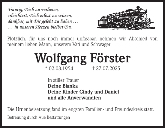 Traueranzeige von Wolfgang Förster von Volksstimme Magdeburg