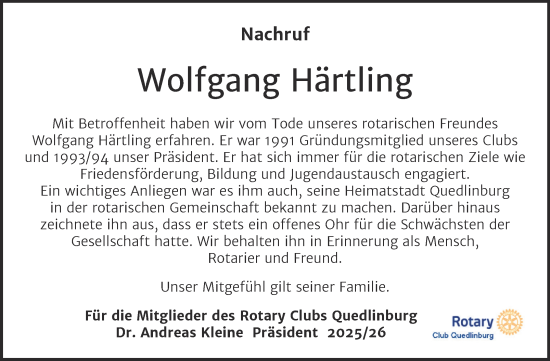 Traueranzeige von Wolfgang Härtling von Trauerkombi Quedlinburg