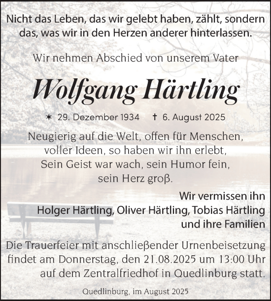 Traueranzeige von Wolfgang Härtling von Trauerkombi Quedlinburg