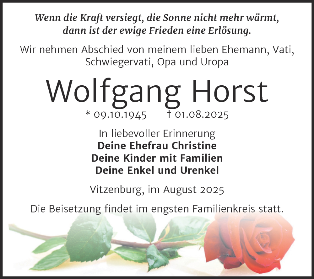  Traueranzeige für Wolfgang Horst vom 09.08.2025 aus Trauerkombi Merseburg