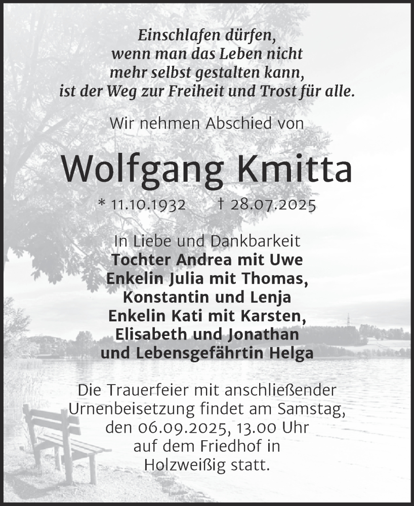  Traueranzeige für Wolfgang Kmitta vom 09.08.2025 aus Trauerkombi Bitterfeld