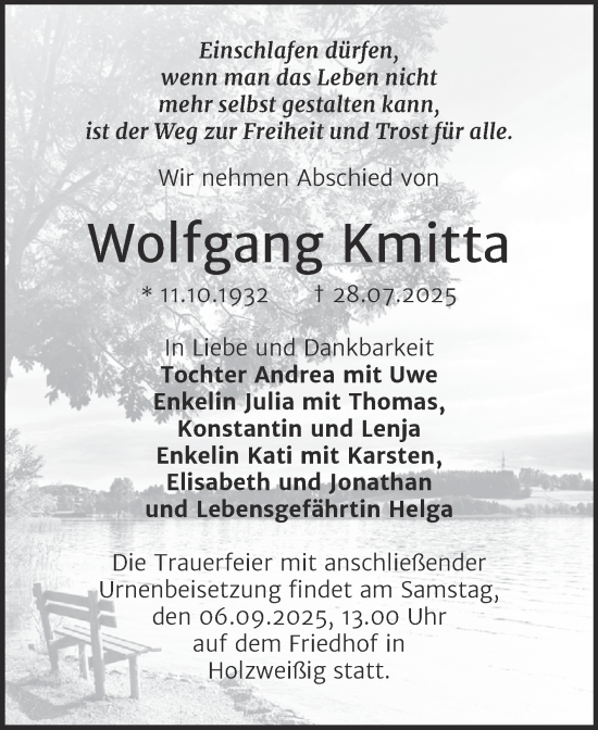 Traueranzeige von Wolfgang Kmitta von Trauerkombi Bitterfeld