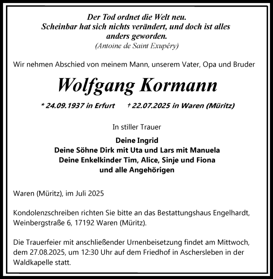 Traueranzeige von Wolfgang Kormann von Trauerkombi Aschersleben