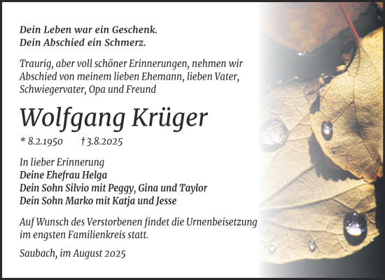 Traueranzeige von Wolfgang Krüger von Naumburger Tageblatt