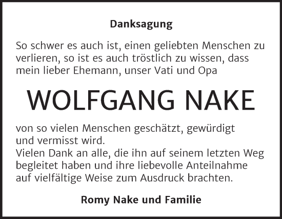 Traueranzeige von Wolfgang Nake von Mitteldeutsche Zeitung Halle/Saalkreis