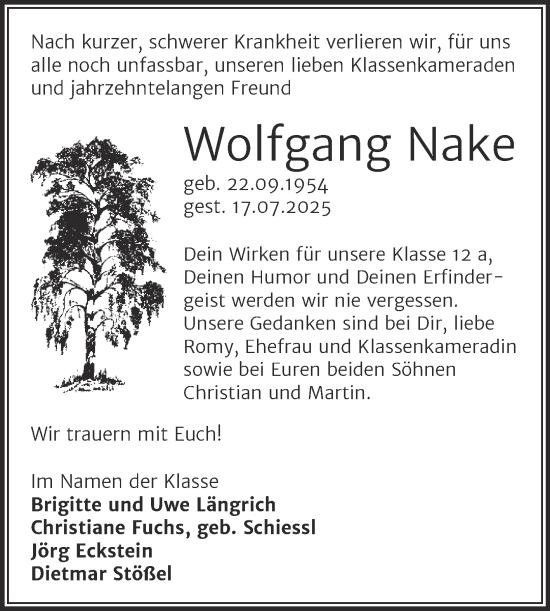 Traueranzeige von Wolfgang Nake von Mitteldeutsche Zeitung Halle/Saalkreis