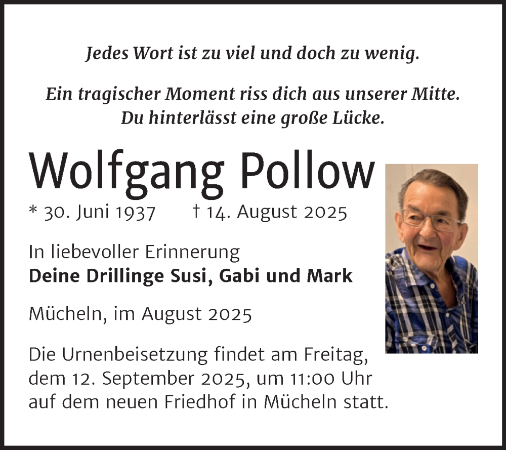  Traueranzeige für Wolfgang Pollow vom 30.08.2025 aus Trauerkombi Merseburg